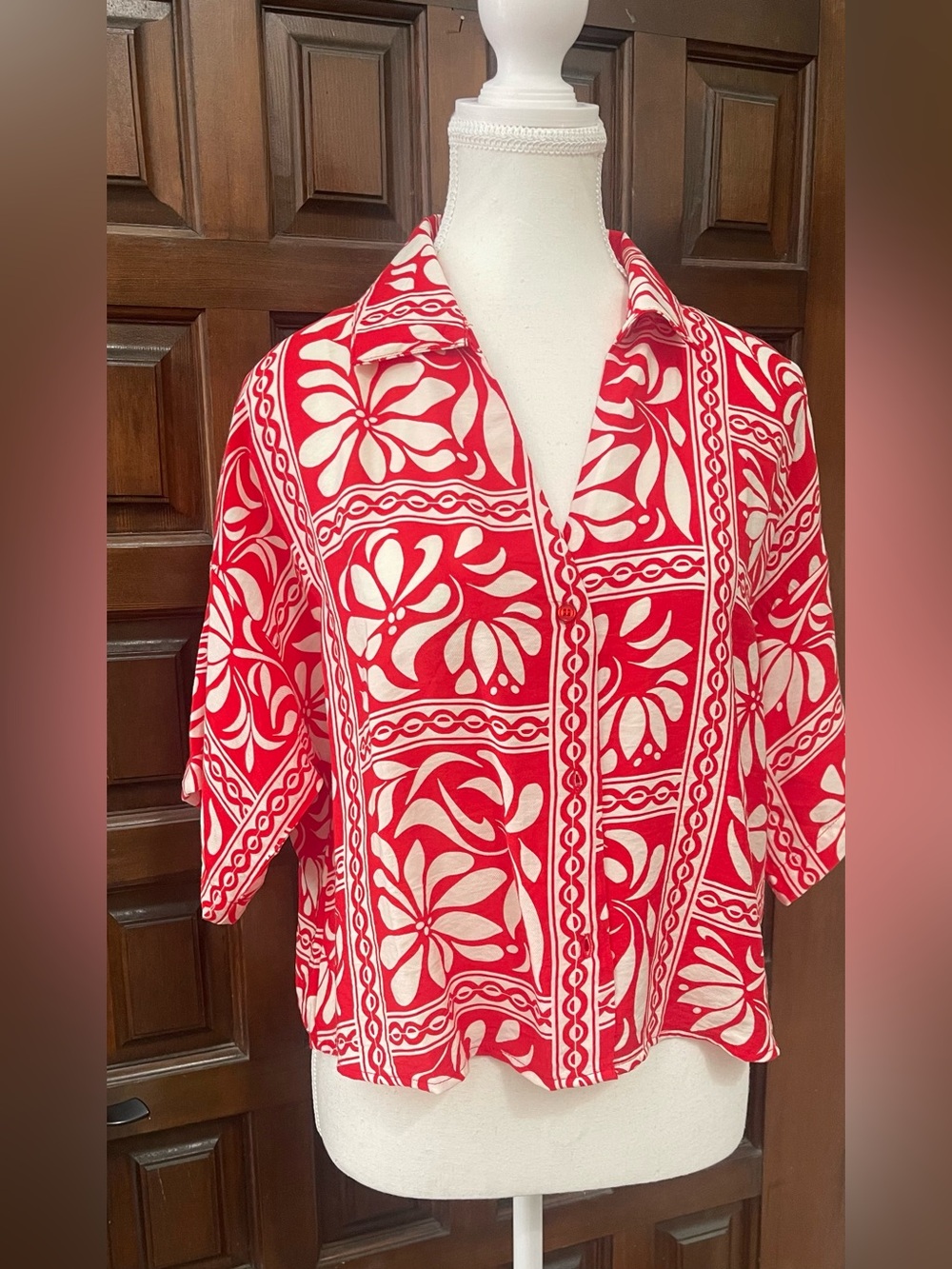 Midcentury Hawaiian Red Button-Front Short Sleeve Crop Top Surfer Skater Beach